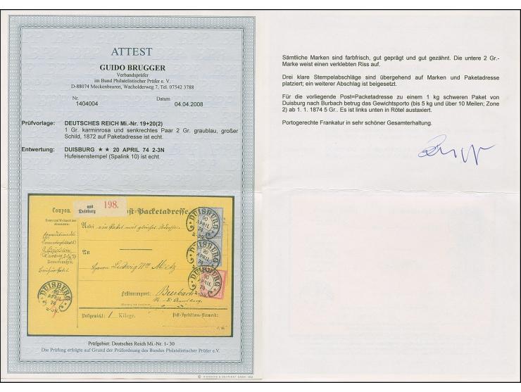 “DUISBURG 20.APRIL.74” (Spalink 10) mehrfach sehr klar auf großer Schild 1 Gr. karmin und senkrechtes Paar 2 Gr. grauultramar