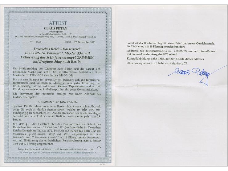 “GRIMMEN 27.JAN.77” (Spalink 15) sehr klar auf 10 Pfge karminrot auf Briefkuvert nach Berlin mit Ankunftsstempel. Die farbfri