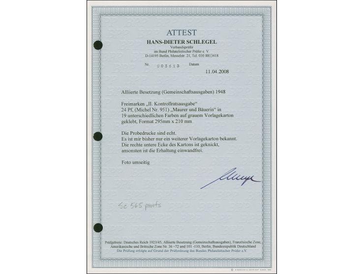 1946, Arbeiter 24 Pfg. als gezähnter Probedruck, 19 Stück in unterschiedlichen, teils später für andere Wertstufen benutzten 