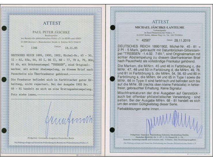 1902, Germania und Repräsentative Darstellung ohne Wz. 2 Pfg.-5 M. mit sauberen Ersttagsstempeln "TREBSEN 1.4.02", zusammen m
