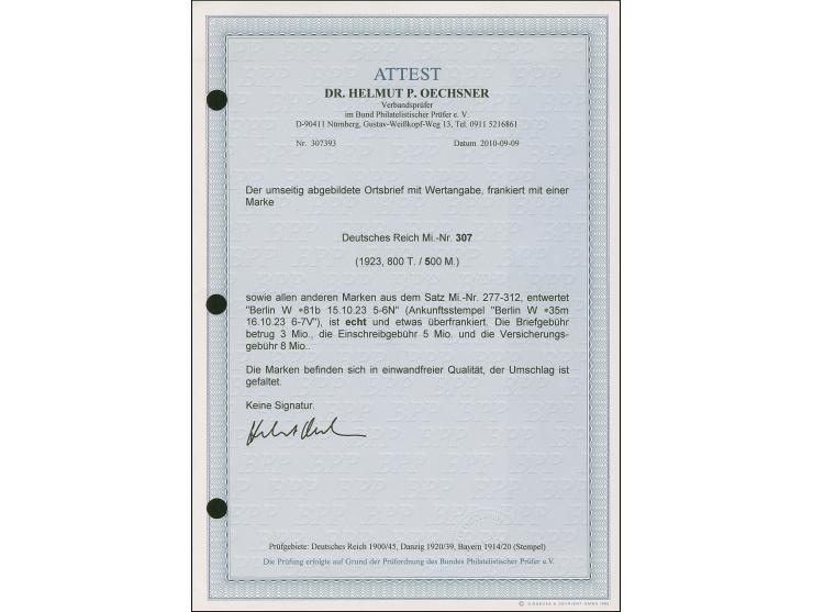 1923, Aufdruck-Ausgaben der Hochinflation komplett mit 36 verschiedenen Werten inkl. 800 Tausend auf 500 M. je mit Stempel “B