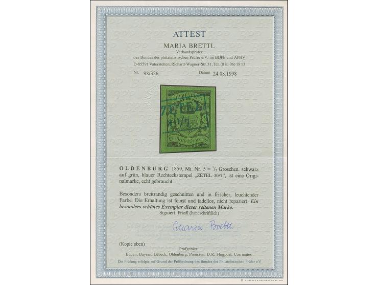 ⅓ Gr, auf grün, farbfrisch und voll- bis meist breitrandig, sehr schön entwertet durch klaren Ra2 “ZETEL 30/7”. Tadellos. Fot