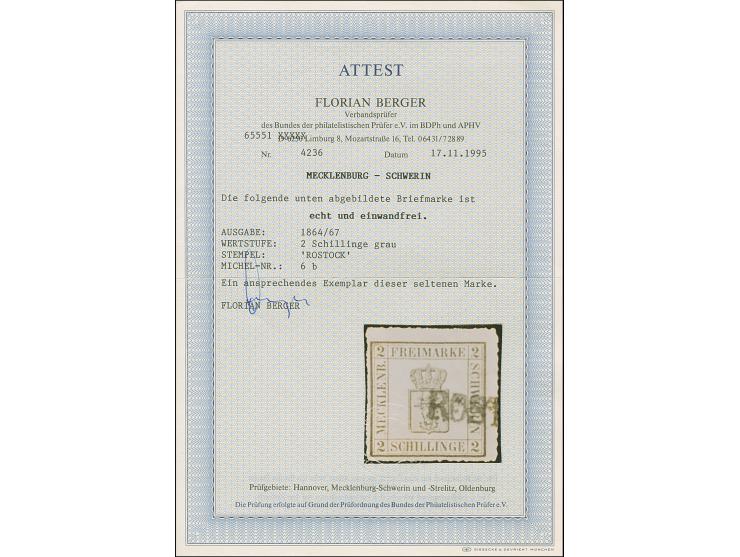 1864/67, 2 Sch. grau, farbfrisch und gut durchstochen, sauber entwertet durch L1 "ROSTOCK". Einwandfrei. Fotoattest Berger BP