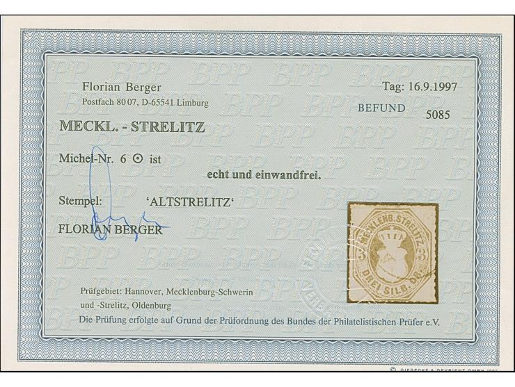1864, 3 Sgr. ocker, leicht entwertet mit EKr. von Altstrelitz. Einwandfrei. Fotoattest Berger BPP (1997)