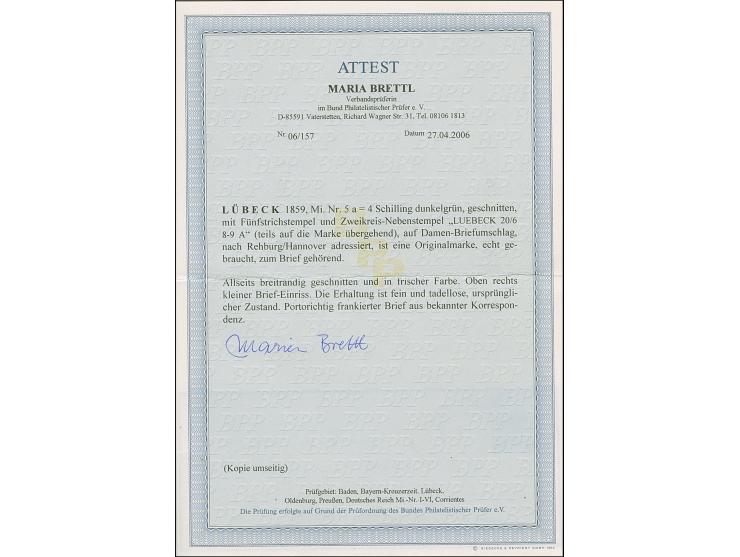 4 Sch. grün, farbfrisch und voll- bis breitrandig, mit Srichstempel und übergehendem DKr. “LUEBECK 20/6” auf kleinem Briefkuv