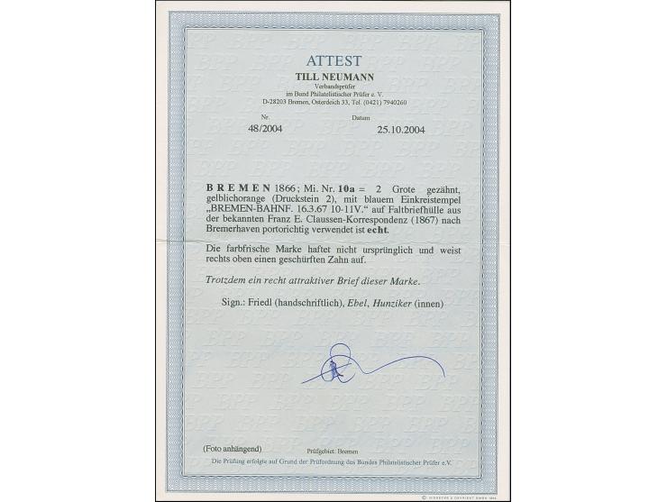 1866/67, 2 Grote gelblichorange, farbfrisch und bis auf einen geschürften Zahn einwandfrei, mit blauem “BREMEN-BAHNF 16/3 67”