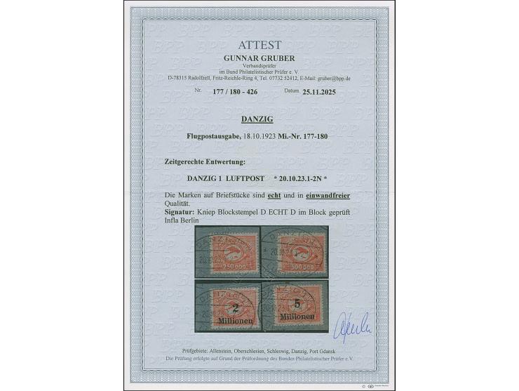 1923, Flugpost 250000 M. bis 5 Mio. auf 50000 M. kpl. je mit zeitgerechter Entwertung “DANZIG LUFTPOST a 20.10.23” auf vier B