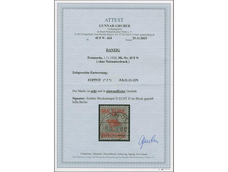 5 M. auf 2 Pfg. ohne Netzuntdruck, mit zeitgerechter Entwertung “ZOPPOT (*f*) 9.8.21”, in einwandfreier Erhaltung, signiert S