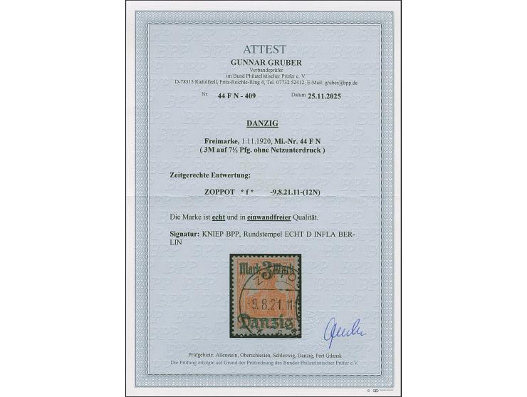 3 M. auf 7½ Pfg. ohne Netzuntdruck, mit zeitgerechter Entwertung “ZOPPOT *f* 9.8.21”, in einwandfreier Erhaltung, sign. Kniep