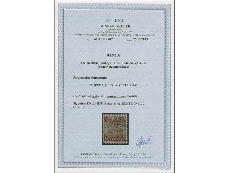 1¼ M. auf 3 Pfg. ohne Netzuntdruck, mit zeitgerechter Entwertung “ZOPPOT (*f*)…3.21”, in einwandfreier Erhaltung, sign. Kniep