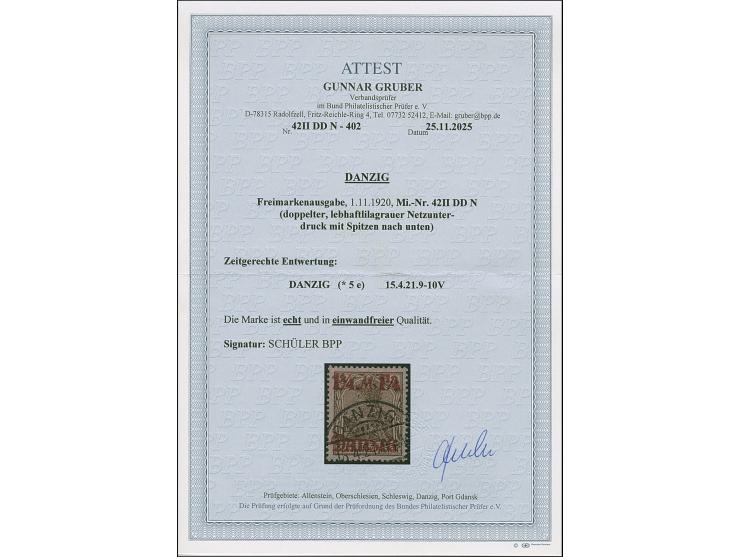 1¼ M. auf 3 Pfg. mit doppeltem Netzunterdruck, Spitzen nach unten, mit zeitgerechter Entwertung “DANZIG (*5e) 15.4.21”, in ei