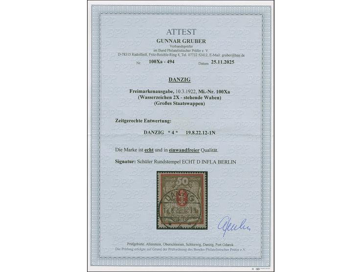 Großes Staatswappen 50 M. rot/gold mit Wasserzeichen 2X, mit zeitgerechter Entwertung “DANZIG *4* 19.8.22” und sehr gutem Dur