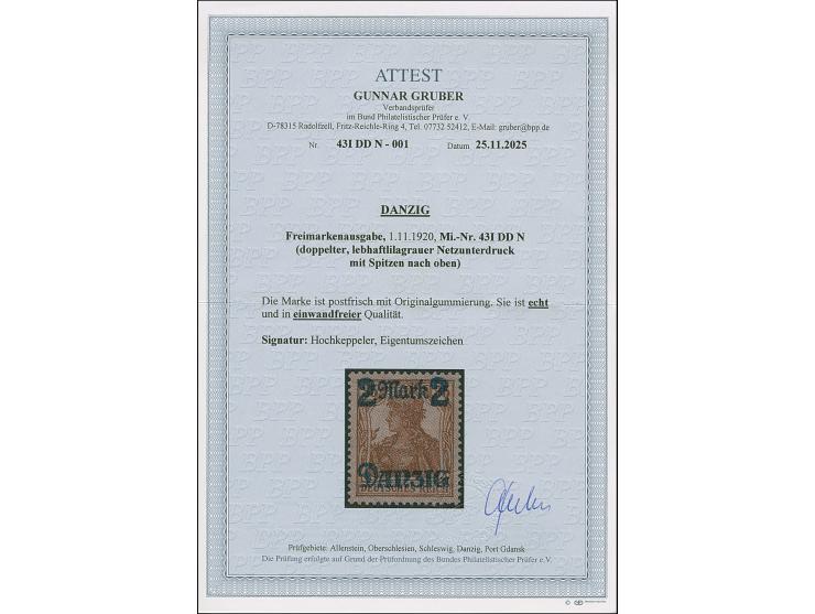 2 M. auf 35 Pfg. mit doppeltem Netzunterdruck, Spitzen nach oben, postfrisch und in tadelloser Erhaltung, sign. Hochkeppler u