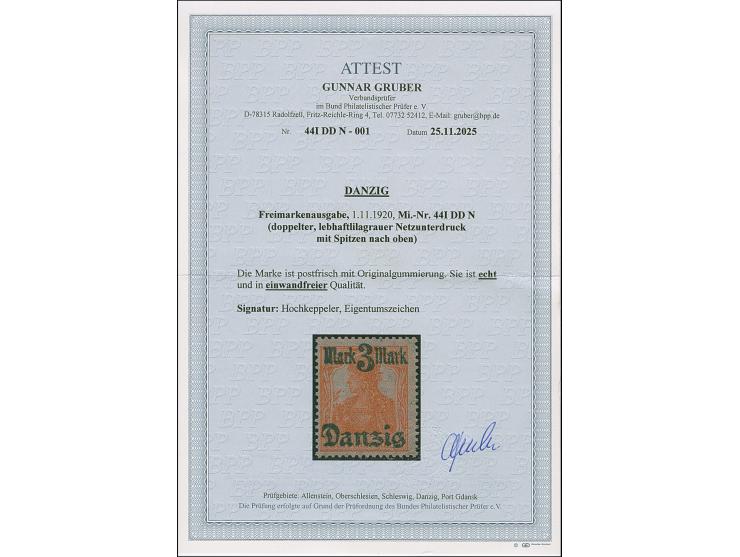 3 M. auf 7½ Pfg. mit doppeltem Netzunterdruck, Spitzen nach oben, postfrisch und in tadelloser Erhaltung, sign. Hochkeppeler 