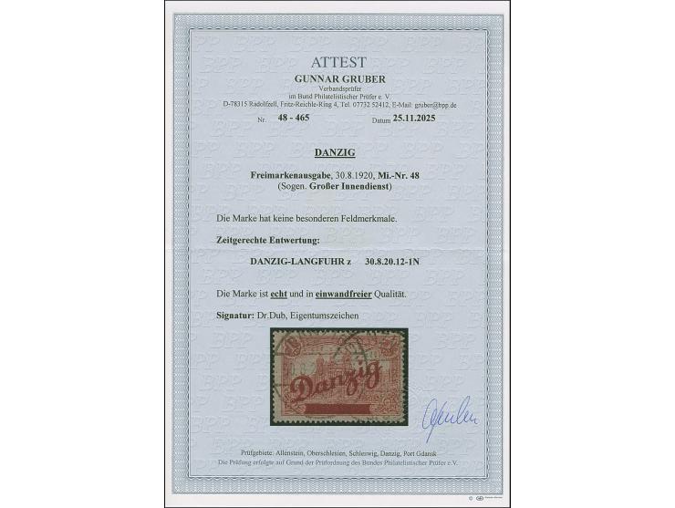 1920, großer Innendienst 1 M. mit zeitgerechter Entwertung “DANZIG-Langfuhr c 30..08.20”, in einwandfreier Erhaltung. Ein sch