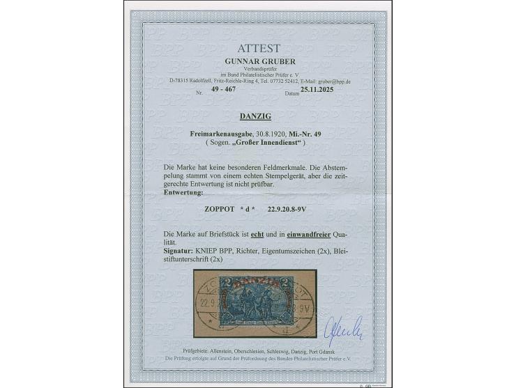 1920, großer Innendienst 2 M. mit klarem Stempel “ZOPPOT &nbsp;*d* 22.9.20” auf Briefstück, in einwandfreier Erhaltung. Eine 