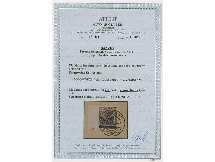 1920, großer Innendienst 60 Pfg. mit linken Bogenrand, 1 M. und 2 M. jeweils mit sehr klarer, zeitgerechter Entwertung “SOBBO