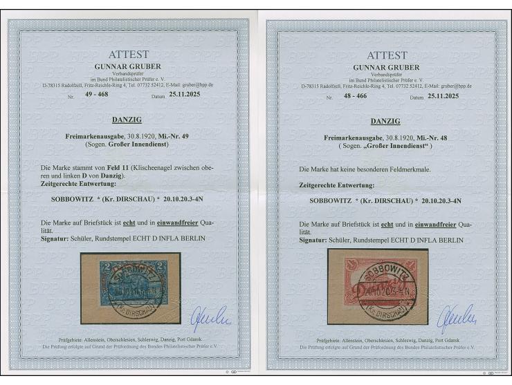 1920, großer Innendienst 60 Pfg. mit linken Bogenrand, 1 M. und 2 M. jeweils mit sehr klarer, zeitgerechter Entwertung “SOBBO