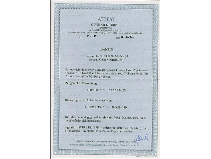 1920, “Kleiner Innendienst” 30 Pfg. im senkrechten Paar und Einzelmarke jeweils mit Stempel “ZOPPOT *f* 26.3.21” als tarifger