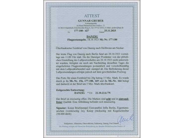 Flugpost 250000 M. - 5 Mio. auf 50.000 M. komplett je mit Stempel “DANZIG *1t 21.10.23” mit Zufrankatur auf überfrankiertem L