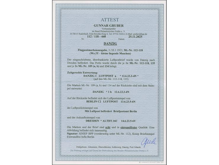 1923, Flugpost 40 Pfg.-20 M. mit Wasserzeichen 3Y komplett mit Zufrankatur je mit Stempel “DANZIG LUFTPOST a 12.6.23” vorder-