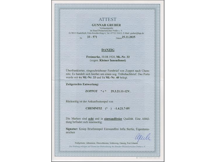 1920, “Kleiner Innendienst” 2½ Pfg. im senkrechten 6er-Block und Einzelmarke 80 Pfg. jeweils mit Stempel “ZOPPOT *c* 29.3.21”