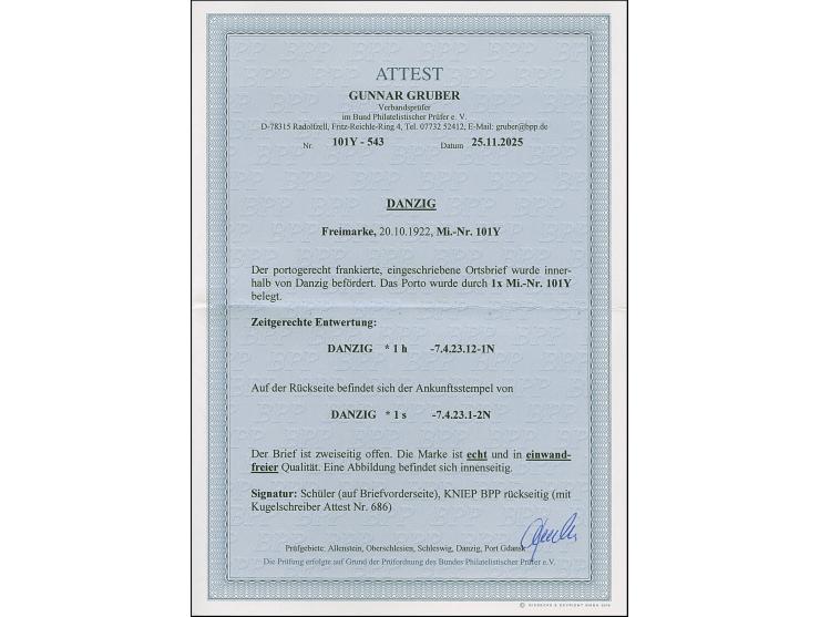 Großes Staatswappen 10 M. mit Wasserzeichen 2Y, sauber mit Stempel “DANZIG *1h 7.4.23” als tarifgerechte Einzelfrankatur auf 
