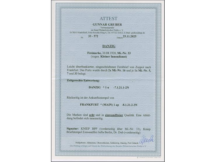 1920 “Kleiner Innendienst 2½ Pfg., zwei Einzelmarken 5 auf 30 Pfg. sowie Germania 30 und 50 Pfg. je mit Stempel ”DANZIG *1u 7