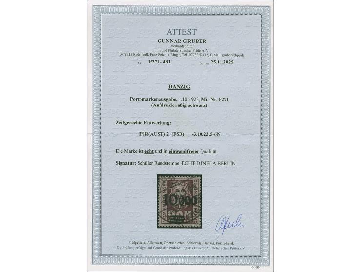 1923, 10000 auf 20 M. mit rußigem Aufdruck, sauber mit zeitgerechter Entwertung “PRAUST 2 FSD 3.10.23”, in einwandfreier Erha