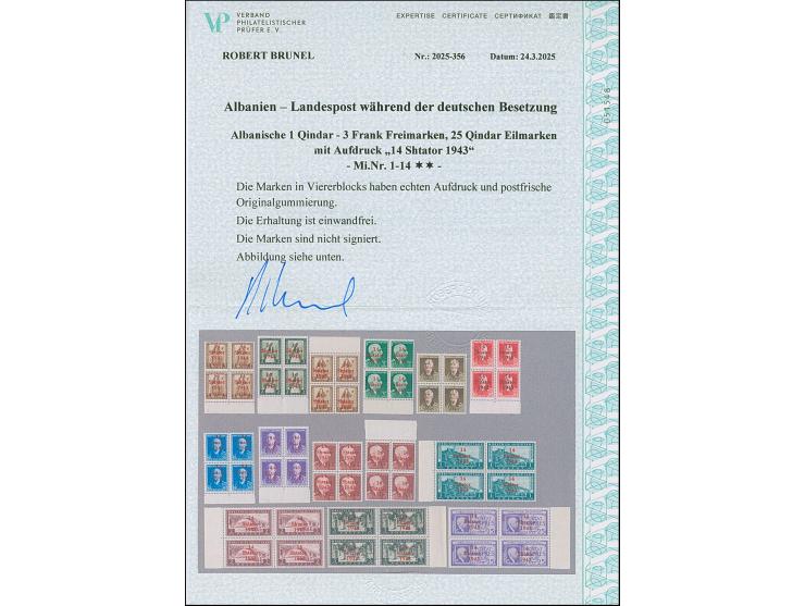 1943, Freimarken 1-25Q. einheitlich in Viererblocks, teils mit Seitenrand, postfrisch, 1Q. ein Wert winziger Stockfleck, sons