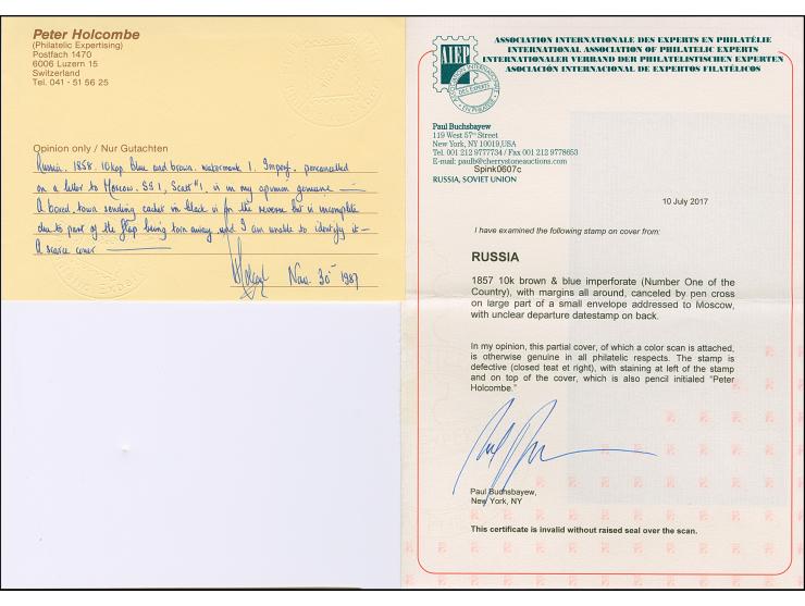 10 kopeck brown &amp; blue, good to large margins, tied by pen cross to envelope (one backflap notcomplete) to Moscow. The st