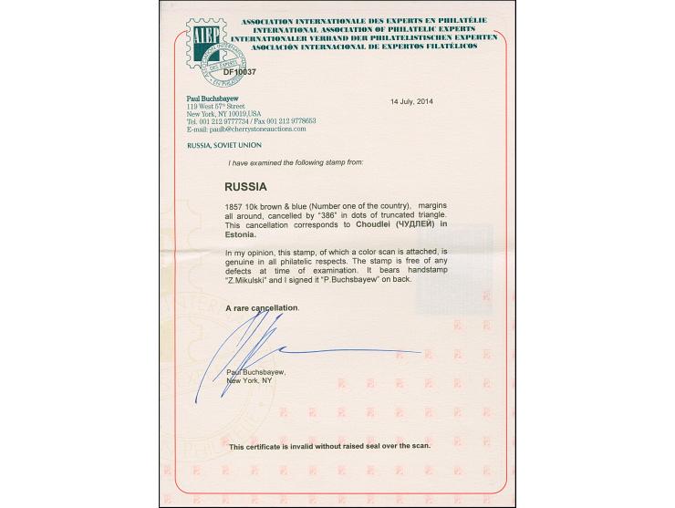 CHUDELIN (Estonia): 10 kopeck brown &amp; blue, good to large margins, with clear dotted &nbsp;truncated triangle “386”. Very