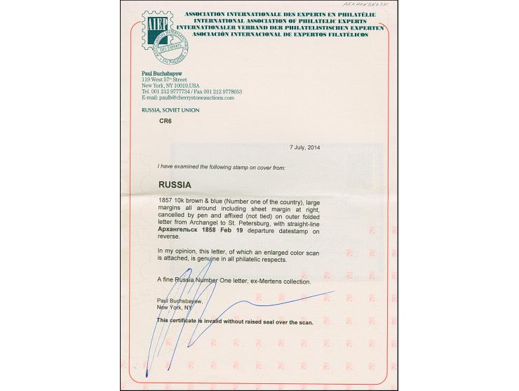 ARKHANGELSK: 10 kopeck brown &amp; blue, large margined copy from the lower right sheet corner, tied by pencross to letter sh