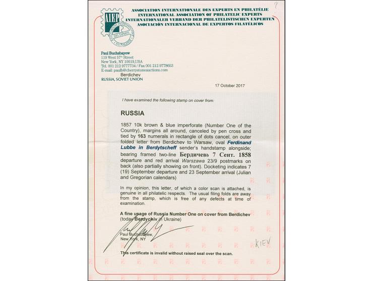 BERDICHEV (Ukraine): 10 kopeck brown &amp; blue, good to large margins, tied by clear dotted rectangular “163” with additiona