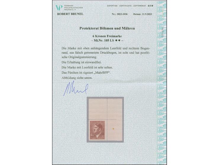 1942 Hitler 6 K. mit komplettem Leerfeld oben, aus der rechten oberen Bogenecke, aus falsch getrenntem Druckbogen, postfrisch