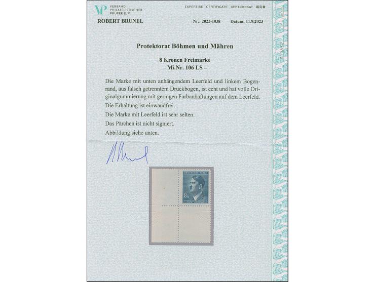 1942 Hitler 8 K. mit komplettem Leerfeld unten, aus der linken unteren Bogenecke, aus falsch getrenntem Druckbogen, postfrisc