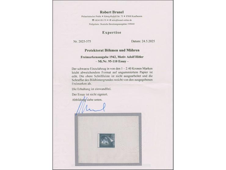 1942, Hitler 1-2,40K., Einzelabzug (57x75mm) auf ungummiertem Papier, &nbsp;in von der endgültigen Ausgabe etwas abweichendem