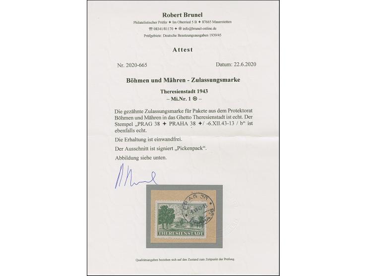 1943, Zulassungsmarke, sauber mit Stempel “PRAG 38 -6.XII.43--13” auf Briefstück, tadellos, sign. Pickenpack sowie Fotoattest