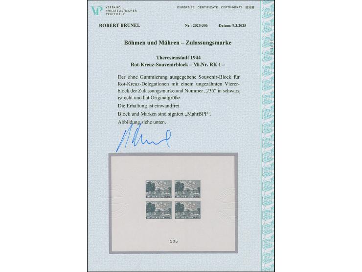 1944, Rot-Kreuz-Souvenirblock mit Zulassungsmarke in schwarz und Nummer "235" in schwarz, ungezähnt, ungebraucht ohne Gummi, 