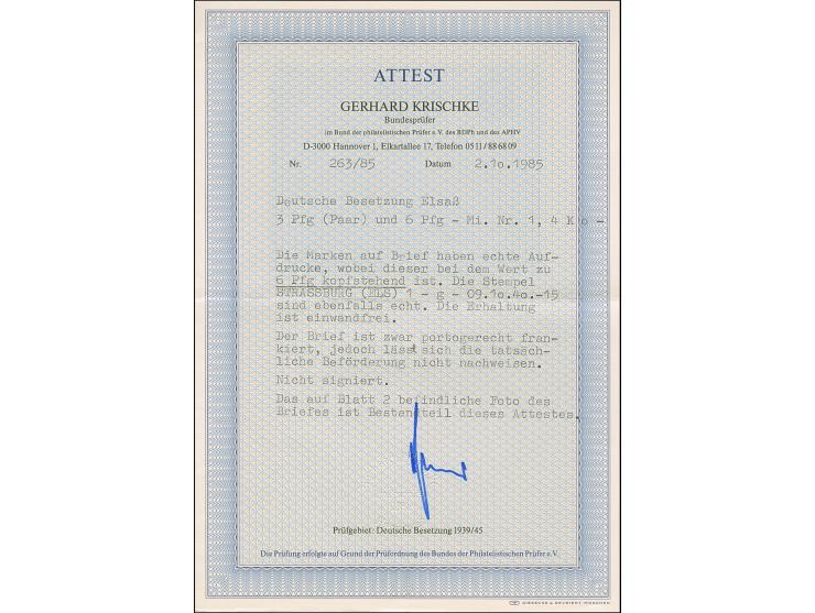 1940, Hindenburg 6 Pfg. mit kopfstehendem Aufdruck zusammen mit 3 Pfg. im waagerechten Paar mit Stempel “STRASSBURG (ELS) 1 0