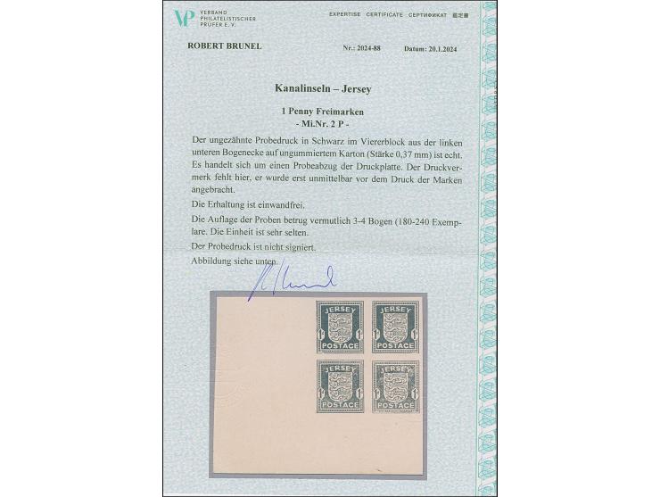 1941, Wappen 1P., Probedruck in schwarz auf ungummiertem Kartonpapier, Viererblock aus der linken unteren Bogenecke, tadellos