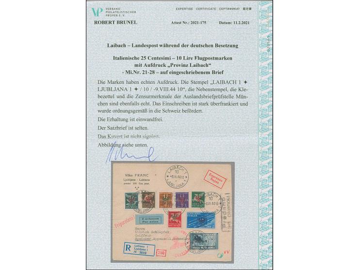 1944, Flugpost 25C.-10L. mit Stempel “LAIBACH -9.VII.44 10” auf zensiertem Express-R-Brief nach Speicher, rückseitig Transit-