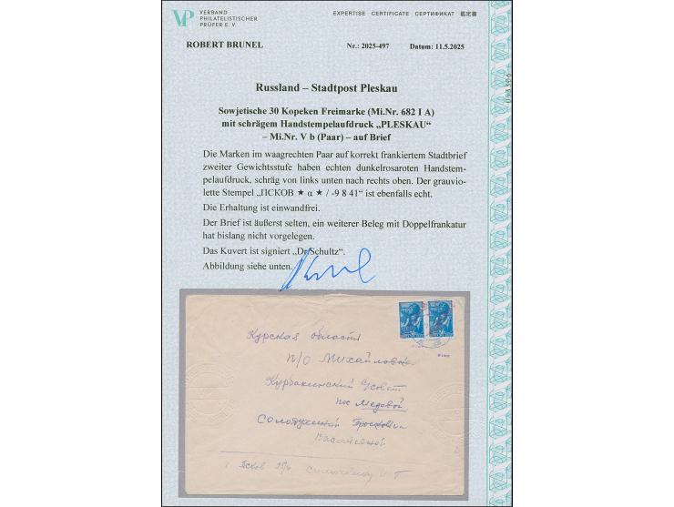 1941, Arbeiter 30 K. blau mit rotem Aufdruck "PLESKAU" von links unten nach rechts oben, waagerechtes Paar, sauber mit Stempe