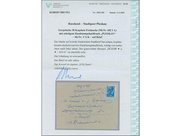 1941, Arbeiter 30 K. blau, mit kopfstehendem roten Aufdruck “PLESKAU”, sauber mit Stempel "PSKOW 8 8 41" auf portogerechtem S