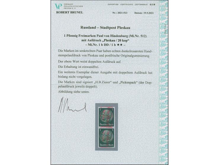 1941, 20 K. auf 1 Pfg., roter Handstempelaufdruck, senkrechtes Paar, dabei die obere Marke mit doppeltem Aufdruck, postfrisch