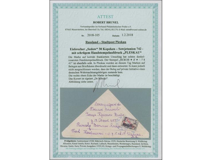 1941, Eisbrecher “Sedow” 30 K. mit rotem Handstempelaufdruck “PLESKAU”, sauber mit blauem Stempel “PSKOV -7 8 41” auf Dreieck