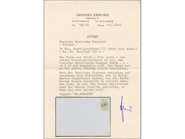 1941, 23 Jahre Rote Armee 30 K. mit rotem Handstempelaufdruck “PLESKAU”, sauber mit blauem Stempel “PSKOV -9 8 41” auf Briefk