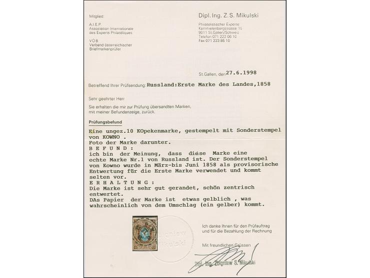 KOWNO: 10 kopeck brown &amp; blue, good to large margins, used with central clear strike of the provisional handstamp, used f