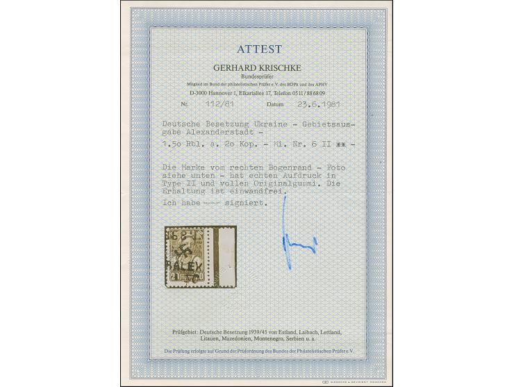 1942, Hakenkreuz 6mm: 1,50 Rbl. auf 20 K., rechtes Seitenrandstück, postfrisch, tadellos, sign. sign. Krischke BPP mit Fotoat