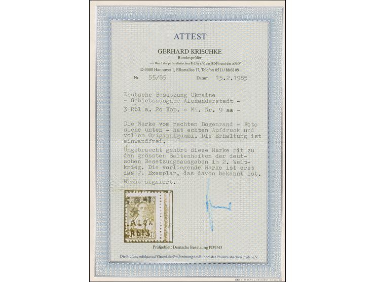 1942, Hakenkreuz 4mm: 3 Rbl. auf 20 K., rechtes Seitenrandstück, postfrisch, tadellos, unsigniert, eine per se schon sehr sel